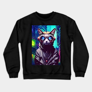 Techno Cat In Japan Neon City Crewneck Sweatshirt